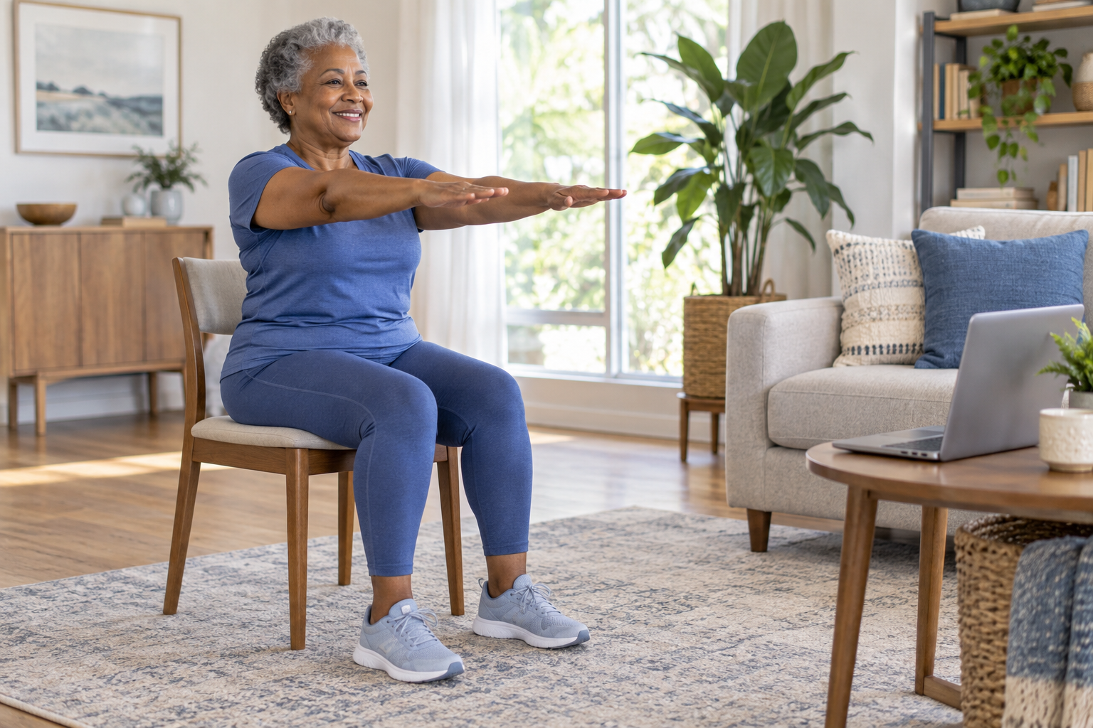Illustrative scene of an older woman enjoying seated exercise at home